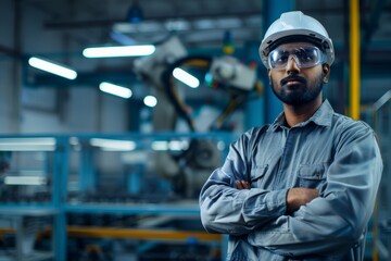 Confident Indian engineer in safety gear, posing with crossed arms in a modern factory setting. CNC machines and robotic arm in background, symbolizing technological advancement in manufacturing.