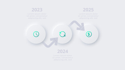 Neumorphic flowchart infographic.  Creative concept for infographic with 3 steps, options, parts or processes. Template for diagram, graph, presentation and chart.