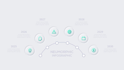 Neumorphic flowchart infographic.  Creative concept for infographic with  6  steps, options, parts or processes. Template for diagram, graph, presentation and chart.