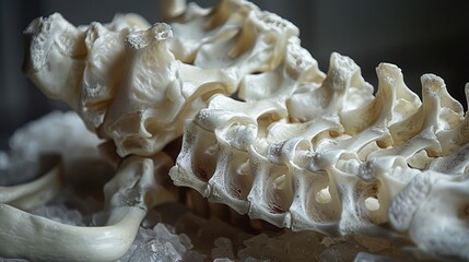 Close-up view of an animal skeletal structure displayed in a museum-like setting, showcasing intricate bone details and anatomy features under excellent lighting