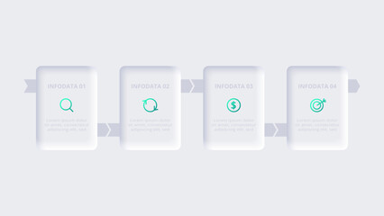 Neumorphic flowchart infographic.  Creative concept for infographic with 4 steps, options, parts or processes. Template for diagram, graph, presentation and chart.