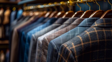 Fototapeta premium A row of men's suits hanging on hangers in the store, a close-up shot with a blurred background