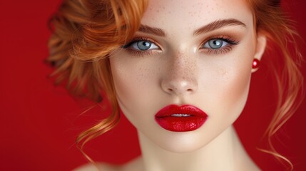 Fototapeta premium A striking portrait of a young woman with captivating blue eyes, vibrant red lips, and curly red hair set against a bold red background, highlighting her facial features and radiant beauty