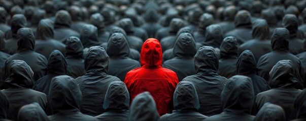 Obraz premium A striking image showcasing individuality amidst conformity, featuring a lone figure in red surrounded by a crowd in dark clothing.