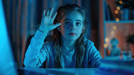 Fototapeta premium A thoughtful girl waves during a video call at night, illuminated by soft blue light, showcasing modern communication.