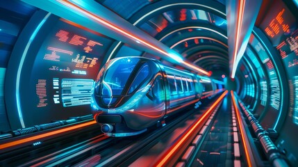 Neon Velocity HighTech Maglev Train Racing Through Urban Tunnel with Digital Ads and Schedules
