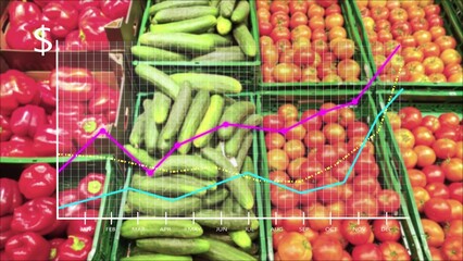 Vegetables at grocery shop with animated graphs showing rising prices due to global inflation and recession