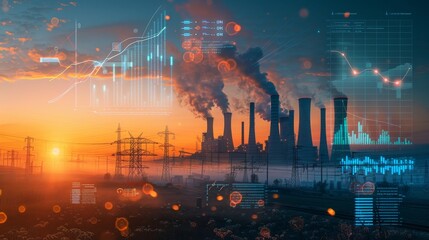Obraz premium Green Energy Revolution EcoFriendly Power Grid at Dusk with Digital Data Visualization
