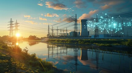 Naklejka premium Green Energy Oasis Futuristic Power Station with EcoCertification and Digital Ecocredits Reflecting in River at Dawn