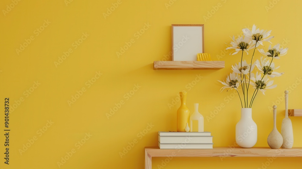 Poster A shelf unit displays books, vases, and photo frames neatly arranged against a calming pastel wall, creating an inviting atmosphere. Generative AI