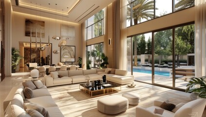 Fototapeta premium Modern Living Room with Pool View