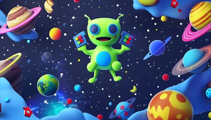 space, illustration, cartoon, vector, star, moon, night, planet, sky, water, nature, fish, stars, light, blue, art, alien, color, sea, design, fantasy, ufo, earth, rocket, butterfly