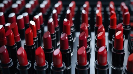 Crimson lipsticks with sleek black casings are neatly aligned on a production conveyor, beauty industry's precision perfect for use in fashion and manufacturing content.