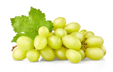 Cluster of ripe white grapes with green leaf. Yellow organic natural fruit isolated on background. PNG.