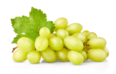 Cluster of ripe white grapes with green leaf. Yellow organic natural fruit isolated on background. PNG.