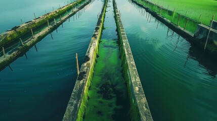 A series of green water channels with a green algae growing in them