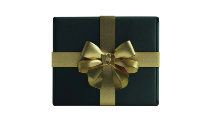 Black Gift Box with Gold Ribbon on Transparent White Background PNG - Black Friday Christmas Present Bow Birthday Decoration Love Holiday Surprise Luxury Isolated Celebration Valentine Anniversary
