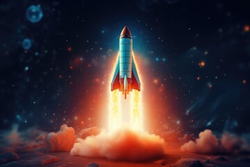 Fototapeta premium Colorful Rocket Launch Surrounded by Bright Lights and Vibrant Clouds at Night