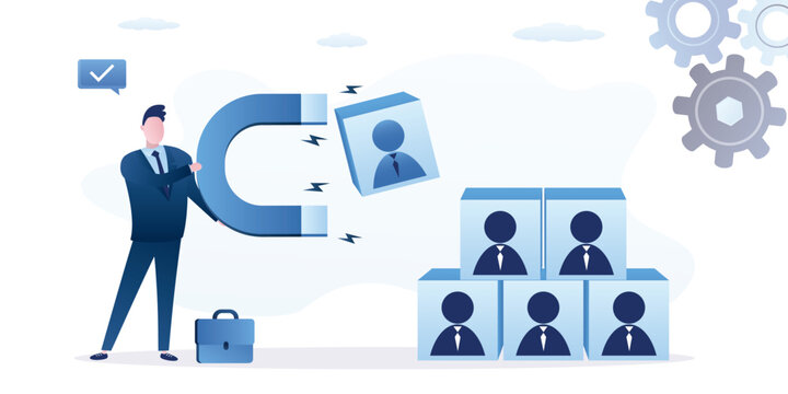 HR agent uses magnet and attracting one block from pyramid. Selecting personnel, HRM, Human Resources Management. Businessman selecting new staff. Recruitment,