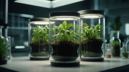 Plant research, green plant in a glass jar in a laboratory.