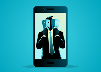 Picture of a man holding happy and sad face masks on social media profile, dissemblance, pretend, hypocrite, falsity on social media concepts