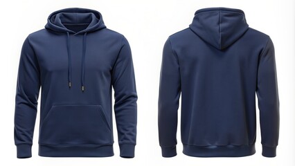 A sleek navy blue hoodie with a modern design is displayed from the front and back on a clean, minimalist white background.