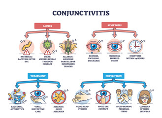 Conjunctivitis or pink eye causes, symptoms, prevention and treatment outline diagram, transparent background. Labeled educational scheme.
