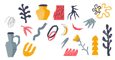 Abstract shapes and hand drawn nature art objects illustration, transparent background. Isolated items with different colors and simple line design. Minimal ornaments painting in floral theme.