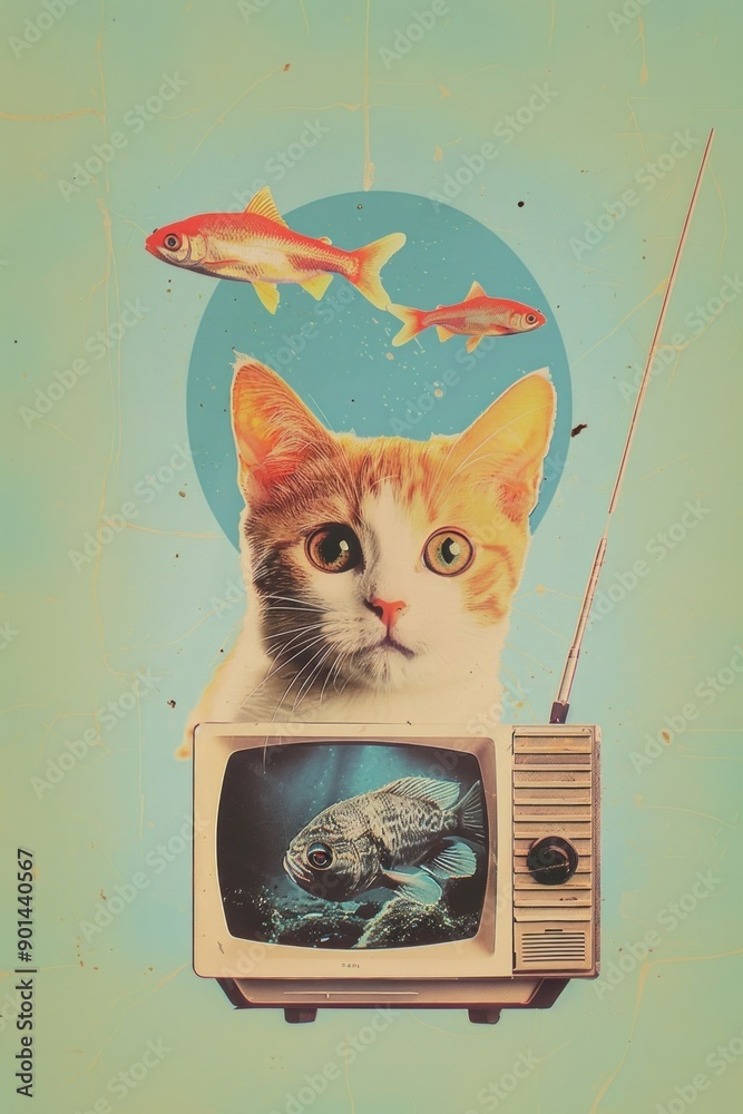 Poster a cat with tv fish animal mammal.