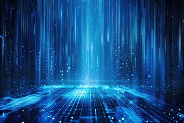 Glowing Blue Data Rain Illuminating an Abstract Digital Landscape at Dawn
