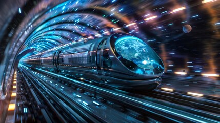 Interstellar Express Futuristic Maglev Train Speeding Through Cosmic Tunnels
