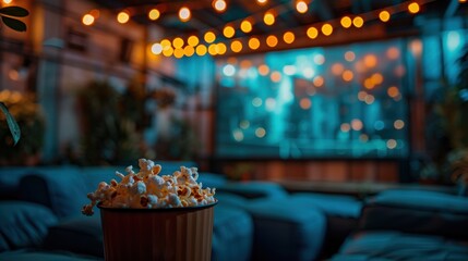 An inviting outdoor patio illuminated by warm string lights with a bowl of popcorn in the foreground, evoking a cozy and delightful ambiance for a relaxing evening