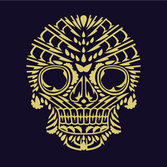 Gold color skulls patterns graphic print, It represents death in the next world, Design element for logo, tattoo, textile, fabric pattern design decorations templates and other designs.