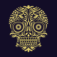 Gold color skulls patterns graphic print, It represents death in the next world, Design element for logo, tattoo, textile, fabric pattern design decorations templates and other designs.
