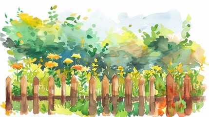 Obraz premium A serene watercolor illustration of a garden with vibrant flowers behind a rustic wooden fence, showcasing natural beauty.
