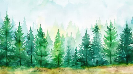 Fototapeta premium A serene watercolor illustration of lush green trees in a misty forest, evoking tranquility and natural beauty.