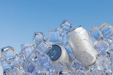 A cold can of soda rests, nestled among a heap of refreshing ice cubes, 3d render