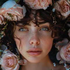 Obraz premium Create a close up portrait of a young woman with dark curly hair