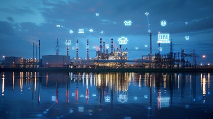 Fototapeta premium Renewable Energy Oasis HighTech Power Generation Site Glowing with Innovation and Sustainability at Blue Hour