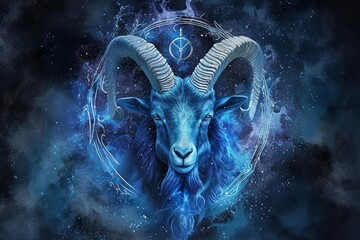 Mystical digital art of the capricorn zodiac sign with a goat against a starry galaxy background