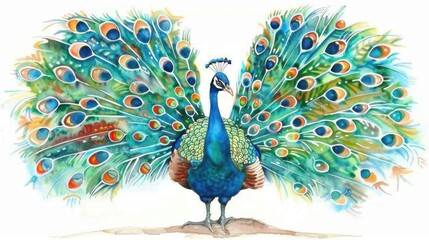 Fototapeta premium A vibrant watercolor painting of a peacock, showcasing its exquisite plumage in a stunning array of colors and patterns.