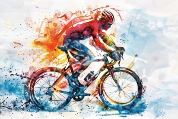 Fototapeta premium Dynamic watercolor painting of a cyclist racing through an explosion of colors, showcasing speed and vitality.