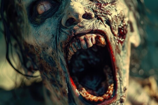 Terrifying close-up of a gory zombie face with bloody. Gruesome makeup and prosthetic effects for a halloween costume. Evoking fear and terror in a apocalyptic. Thriller film with undead