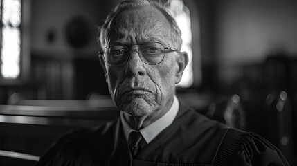 A solemn elderly man wearing glasses and a judicial robe, with a serious expression on his face, sits in the pews of an old courtroom with intricate wooden details and stained glass windows in the