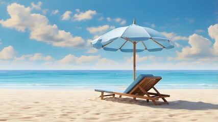 serene beach picture with umbrellas and sun loungers on fine sands and tranquil blue waves. Serenity idea.