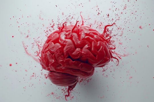 Red brain exploding into particles representing the dynamic energy of creative thought innovation and the transformative power of ideas in a visually striking manner.