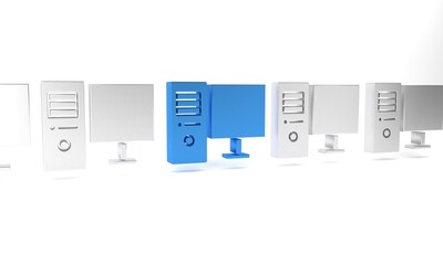 Blue Computer monitor icon isolated on white background. PC component sign. Minimalism concept. 3D render illustration
