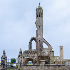 St Andrews, Scotland, UK - July 13, 2024: The ancient ruins of the old cathedral and grounds of St...