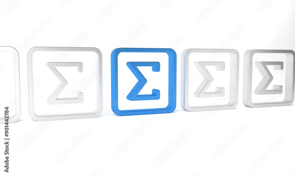 Poster Blue Sigma symbol icon isolated on white background. Minimalism concept. 3D render illustration