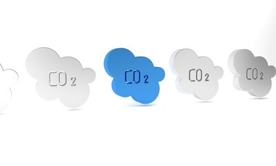 Blue CO2 emissions in cloud icon isolated on white background. Carbon dioxide formula, smog pollution concept, environment concept. Minimalism concept. 3D render illustration